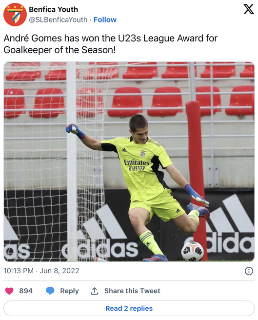 Гомеш стал лучшим вратарем сезона в Лиге Португалии U23 