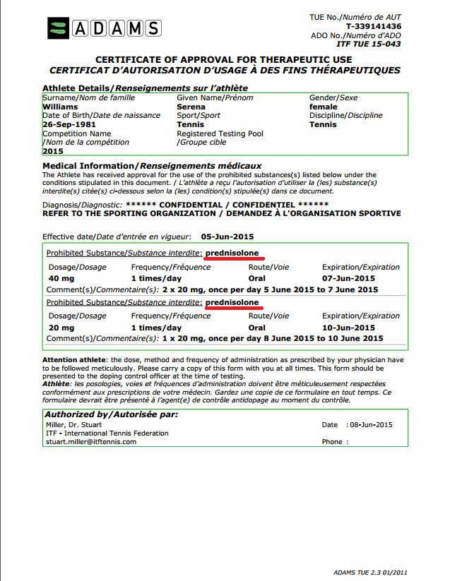 Форма, разрешающая Серене Уильямс право на терапевтическое использование запрещенных препаратов