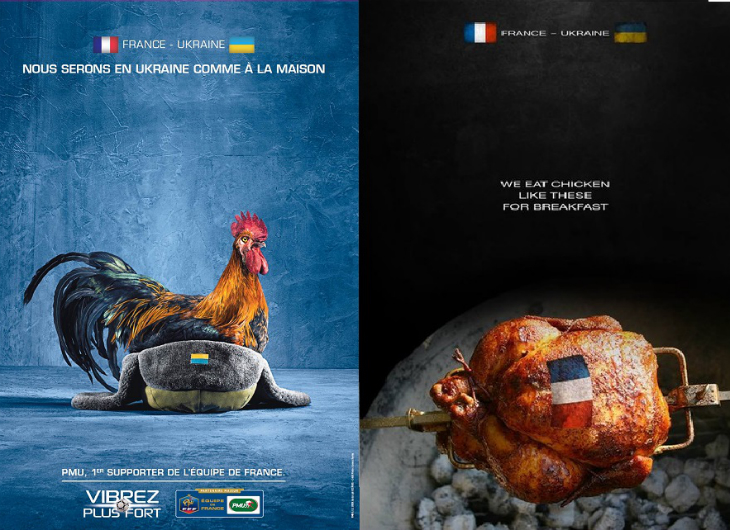 Надпись на левой картинке: «В Украине мы будем как дома». На правой: «Мы едим таких куриц на завтрак»